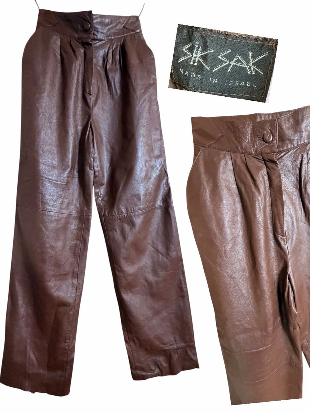 Vintage Sik Sak Brown Leather Pleated Pants Size 38 Made in Israel